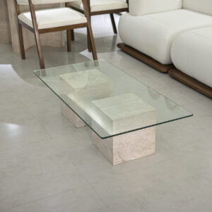 Table basse en travertin et plateau en verre