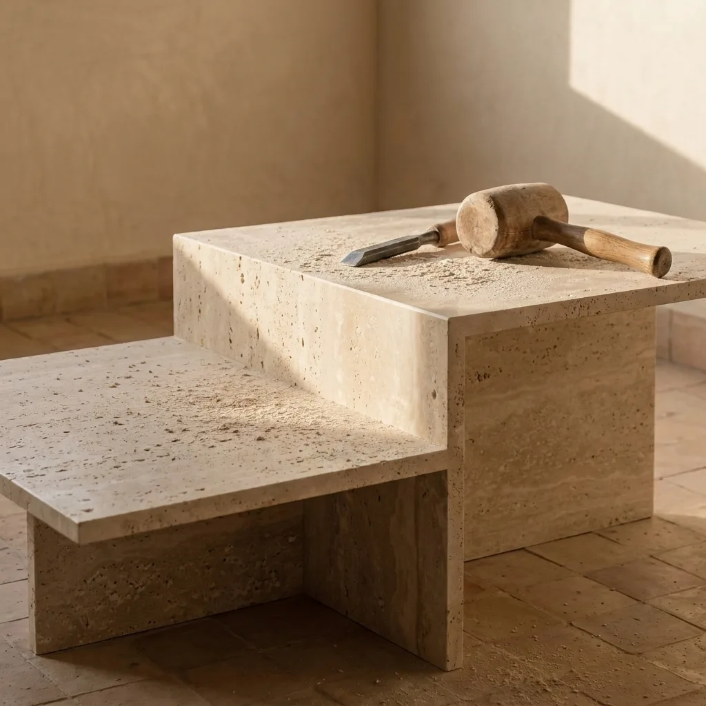 Bloc de travertin et outils de taille dans l’atelier Azzro Home